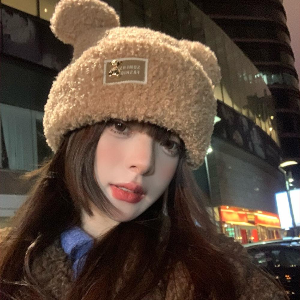 Little Bear Plush Hat with Thick Velvet for Autumn and Winter Cold Protection, Ear Protection, and Warm Knitted Hat
