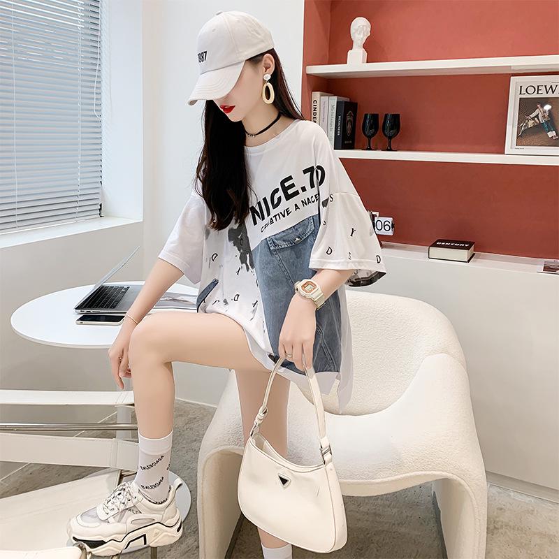 Women's Mid-Length 2025 Denim Patchwork Cotton T-Shirt - Plus Size, Short Sleeve, Round Neck for Summer