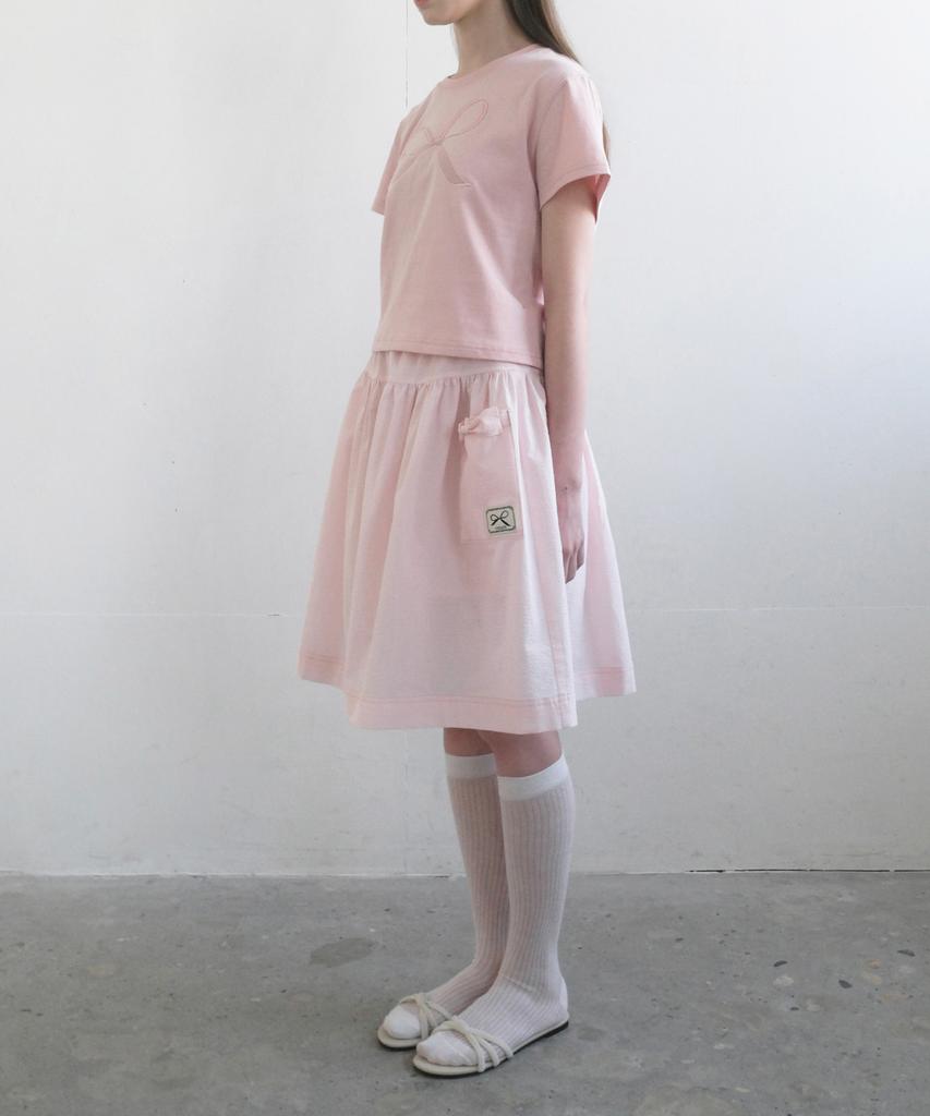 U Beige Seersucker Ribbon Pocket Skirt (Pink)