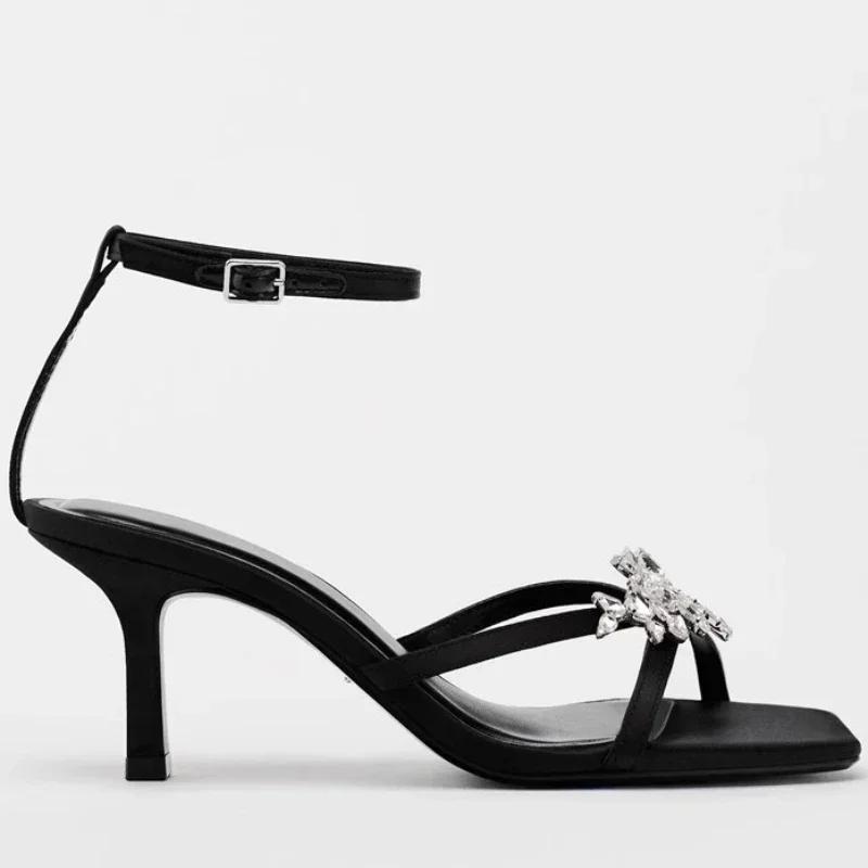 Fashion New Open Toe Ankle Strap Thin High Heels Women Summer Shiny Rhinestone Designer Heeled Sandals Elegant Banquet Wedding Shoes