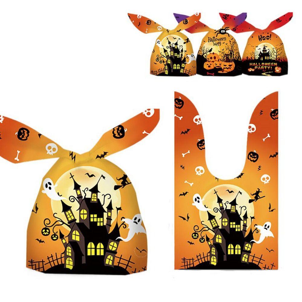 50pcs/bag Pumpkin Cat Ghost Printed Halloween Candy Bag Rabbit Ear Plastic Bag  Halloween Party