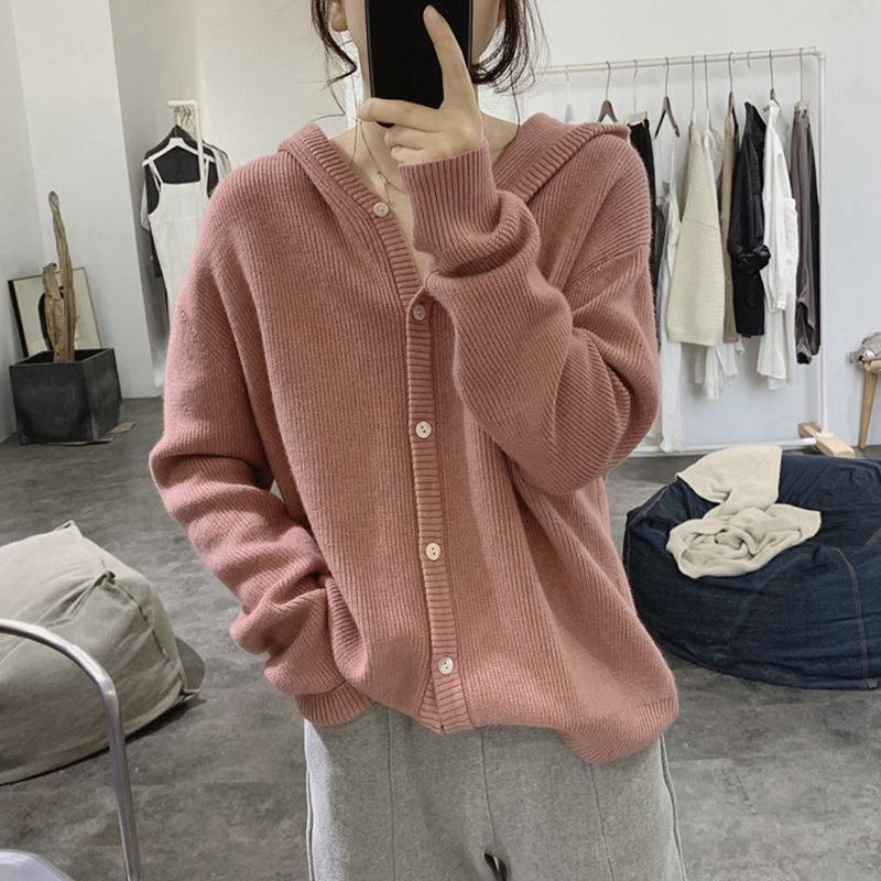 Hooded v-neck knitted cardigan early autumn new loose lazy gentle wind sweater jacket with top women