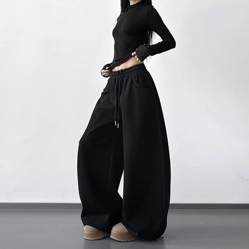 Women's Stylish Black Velvet Wide-Leg Sports Pants - New 2025 Winter Fashion, High Street Casual Style