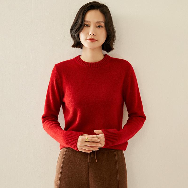 Women's Elegant Round Neck Cashmere Sweater - Autumn/Winter 2026 Collection, Solid Color, Loose Fit, Slimming Flat Knit Base Layer