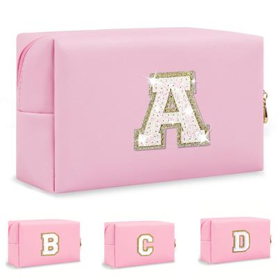 Neceser rosa de PU, bolsa de almacenamiento con letras bordadas, bolsa de aseo de viaje, bolsa de almacenamiento multifuncional para cosméticos-LJX