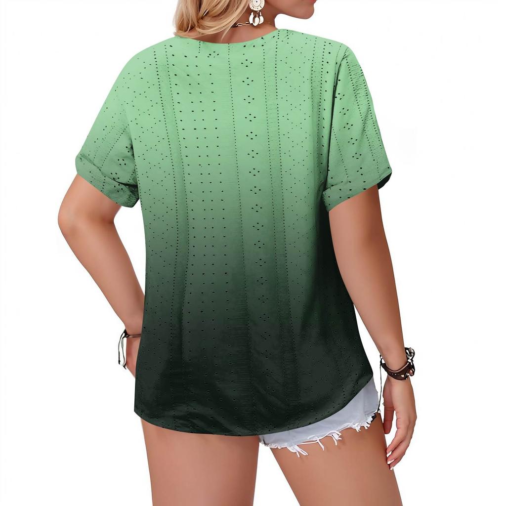 Plus Size Women's Fashion Casual Vintage  V-Neck Short Sleeve Button T-Shirt Top