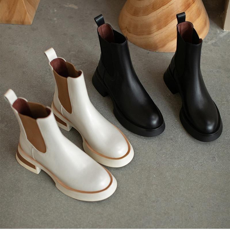 Damen Frühling Herbst Stiefeletten Naturleder Rindsleder Obermaterial Vollleder Chelsea Boots Britischer Stil Kurze Stiefel