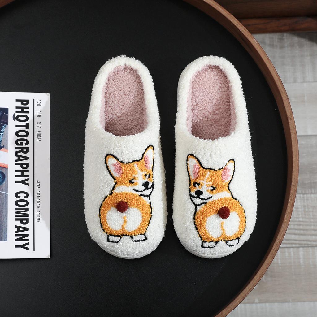 Farmer Ranch Horse Pattern Embroidered Plush Home Thick-Soled Comfortable Furry Slippers Cute Warm Non-Slip Indoor Slippers