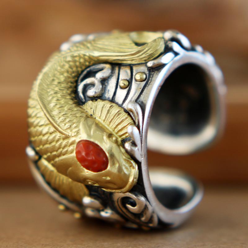Men's Koi Adjustable S925 Silver Thumb Ring - Handmade Retro Ethnic Style Jewelry