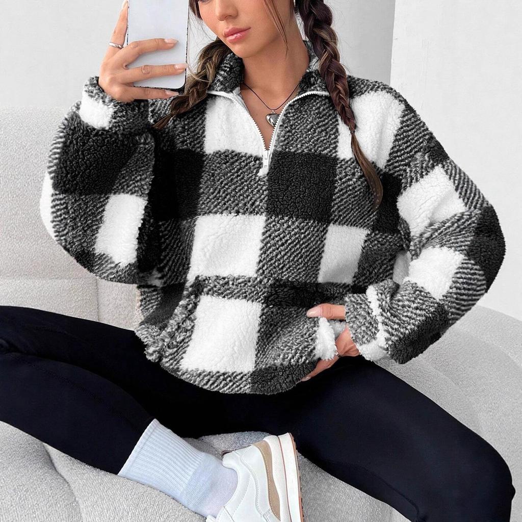 Autumn and Winter Zipper Plaid Double-sided Plush Loose Casual Women's Long-sleeved Sweater Jacket
