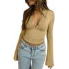 Women's Long Sleeve Crop Top Sexy Deep V Neck Lace Slim Fit Blouse Casual Basic Low Cut Going Out Shirt for Spring Fall