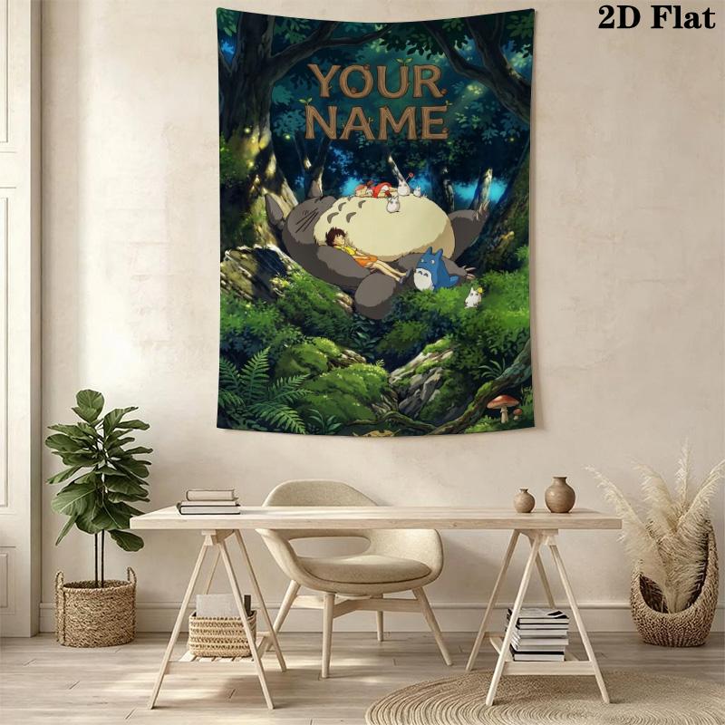 Name Custom Anime-Totoros Wall Tapestry Aesthetic Wall Hanging Printed Fabric Blanket Decorative Tapestries for Bedroom Living Room Home Decor