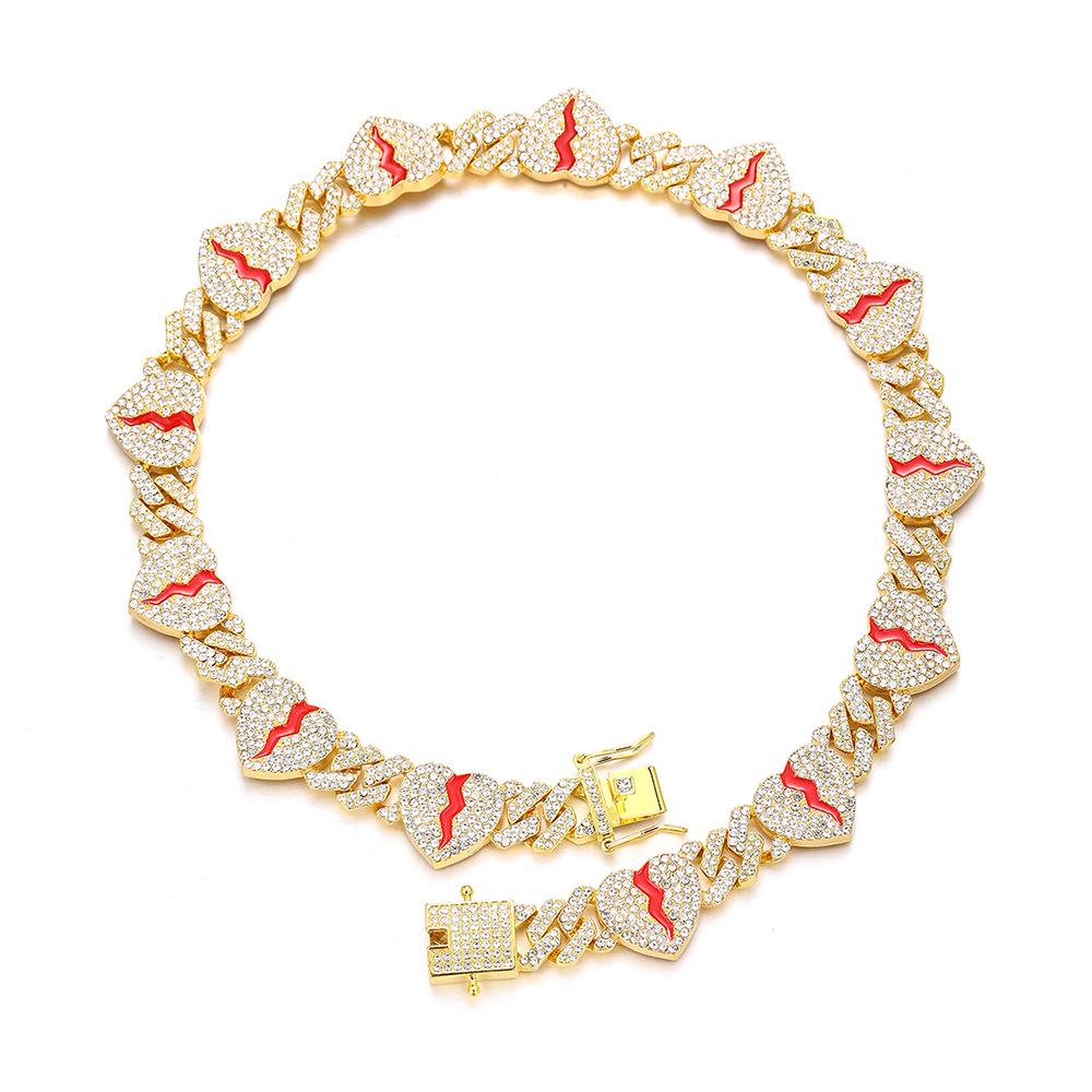 Personalized Heart Cuban Link Rhinestone Alloy Necklace - Red Crack Hip Hop Jewelry