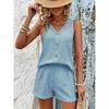 Dwuczęściowy Zestaw, Lekko Elastyczny Materiał Top z Dekoltem w Serek z Imitacją Guzików, Top Bez Rękawów i Szorty, Casual Wakacyjny.