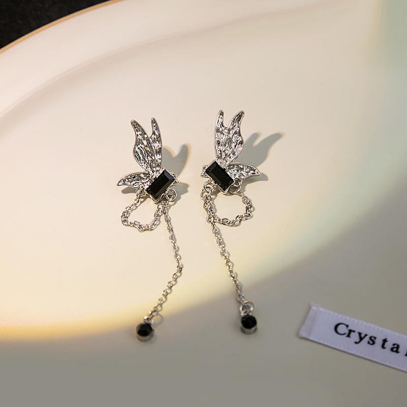 

Silver Needle Light Luxury Butterfly Wing Stud Earrings, Long Chain Fringed Round Earrings Geometric Square Diamond Earrings
