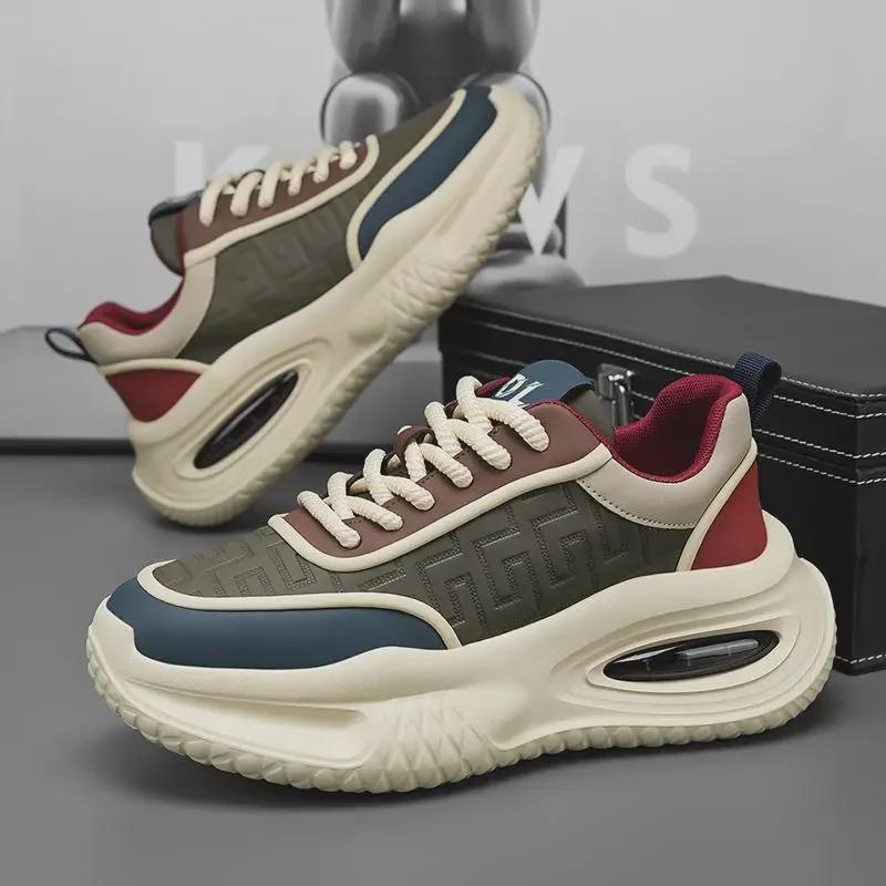 2024 Autumn Men's Leather Thick-Soled Dad Shoes with Air Cushion - Trendy Casual Sports Footwear