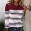 2025 Women's Long-sleeved T-shirt Striped Two-color Printed Spliced O-neck Fashion Top Basic Casual Tees