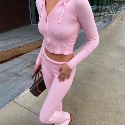 Pink Knit Two Piece Seor Women Y2k Casual Zipper Sweater Hoodie And Pants Sets 2-Piece Tracksuit