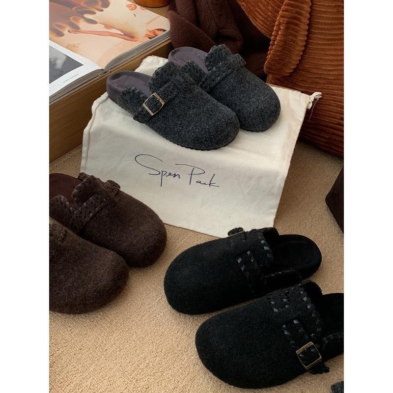 Retro Bag Head Half Slippers One Pedal Belt Buckle Thick-Soled Birkenstocks Women'S Outer Cotton Slippers
