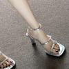 Beautiful~ Sandals Women's New Summer Silver Square Head Open Toe One-word Buckle Thick Heel High Heel Sandals