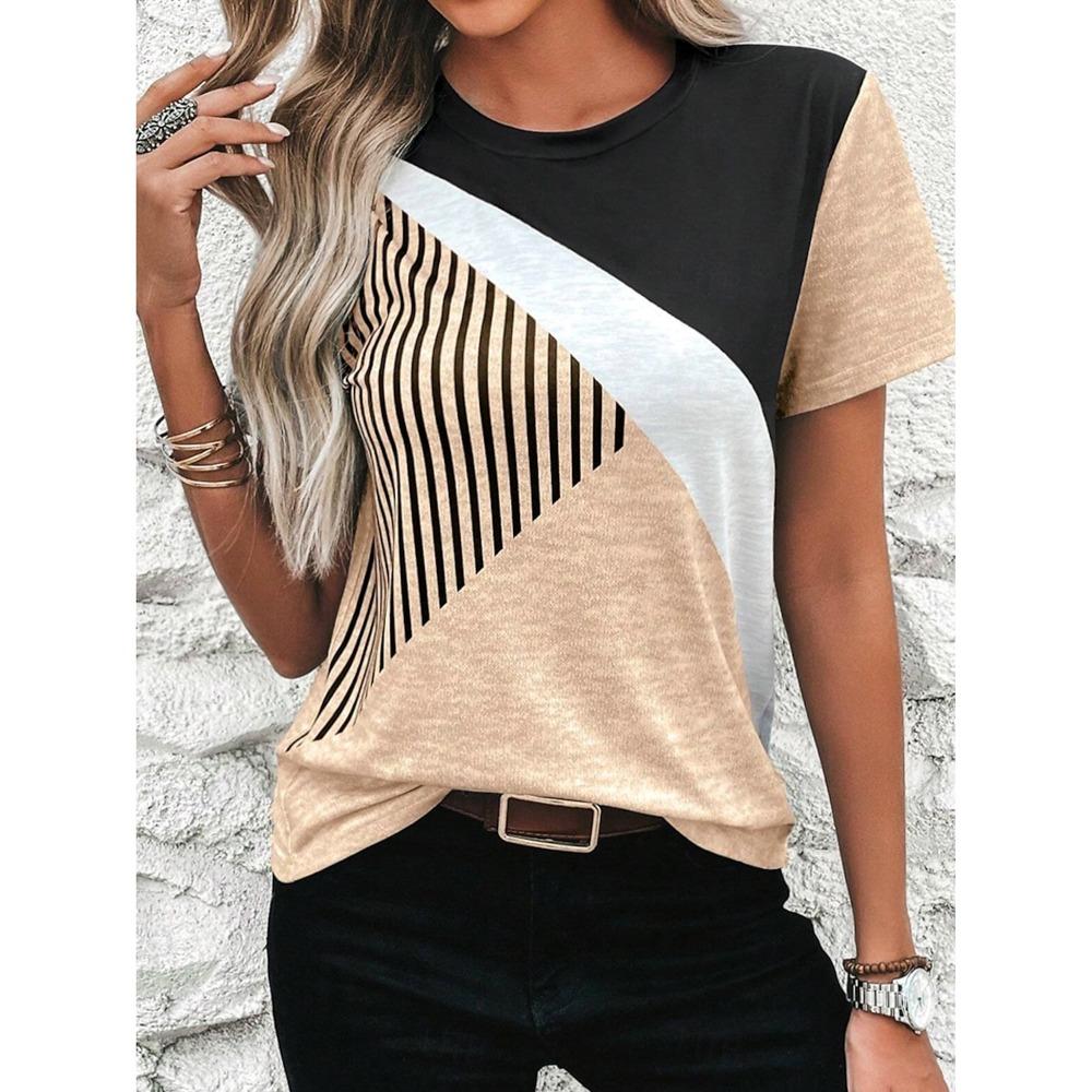 Camiseta con estampado 3D de rayas diagonales para mujer, camiseta informal de calle Harajuku, camisetas de cuello redondo para mujer, ropa de verano
