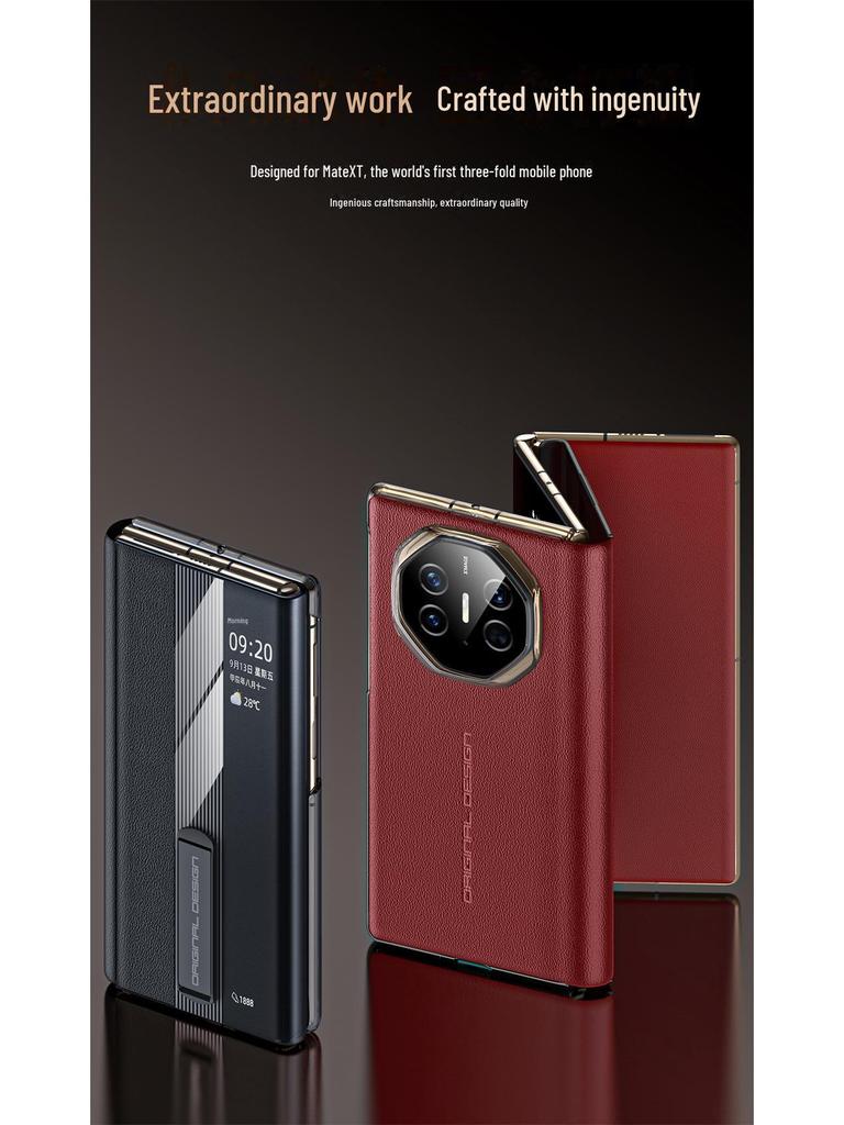 Husă din piele pentru Huawei MateXT: Pliere în trei, din piele naturală de vită Nappa, cu model perforat, cu fereastră inteligentă și suport.