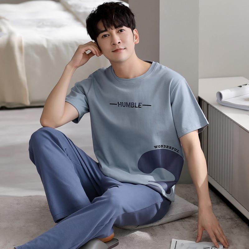 Blue Color Men's Cotton Pajamas Set for Summer Short Sleeves Sleeping Top Long Pant Nightwear Young Boy Home Clothes