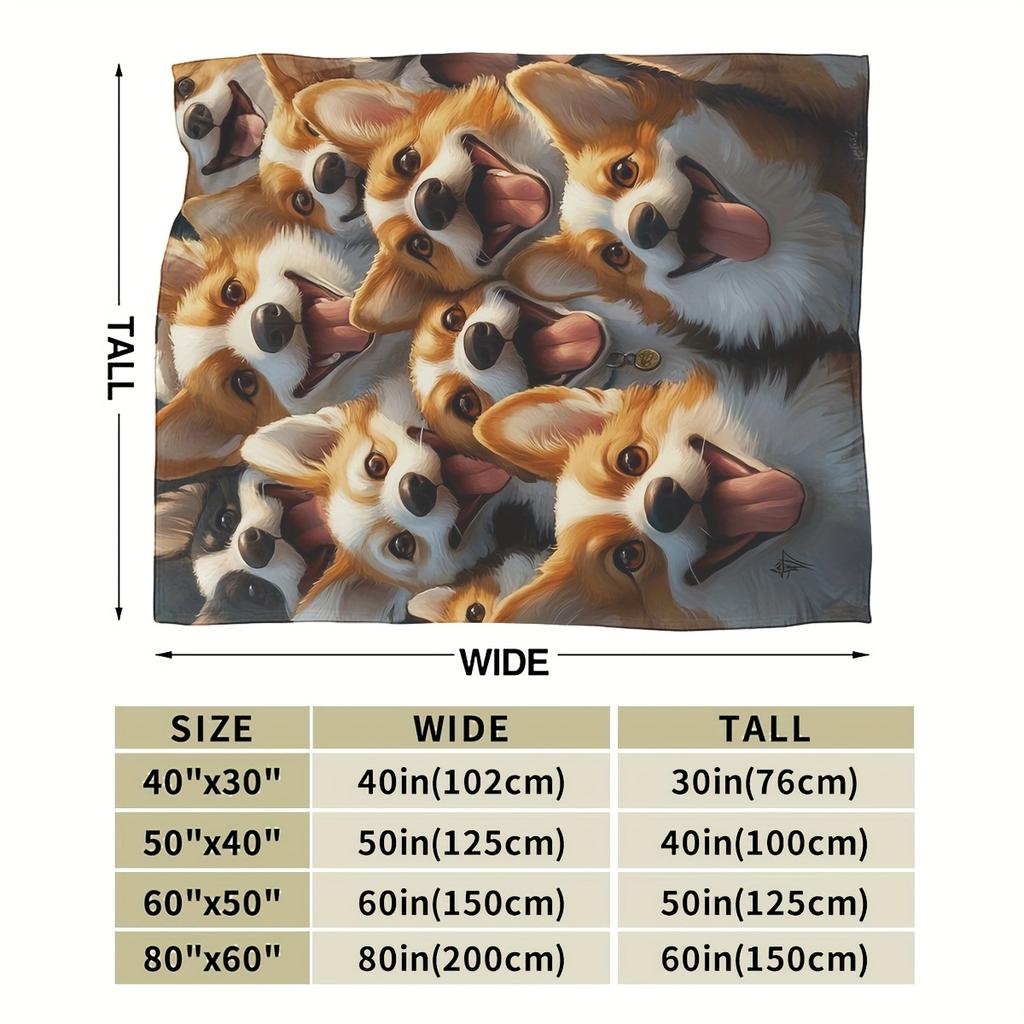 1pc Cozy Flannel Blanket with Joyful Corgi Faces - Soft, Warm Polyester Throw for Home Decor, Outdoor Activities, and Holiday