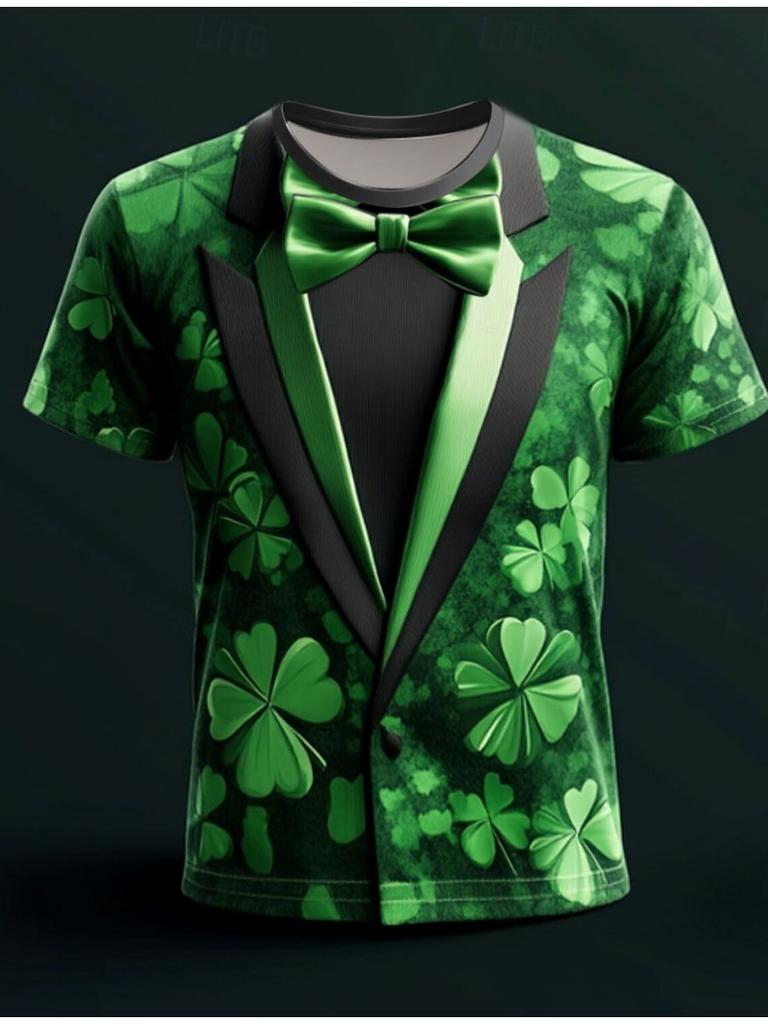 Shamrock Tuxedo Men's T Shirt 3D Print Short Sleeve T Shirt O-Neck Shirt Green Summer Spring Clothing Apparel