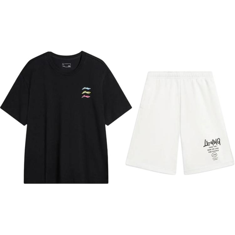 

Футболка с принтом логотипа Li Ning, удобная, прохладная, универсальная, с круглым вырезом, с коротким рукавом, повседневный спортивный комплект, унисекс, топы, черный, белый, YHSV371-1+AKST593-7 M