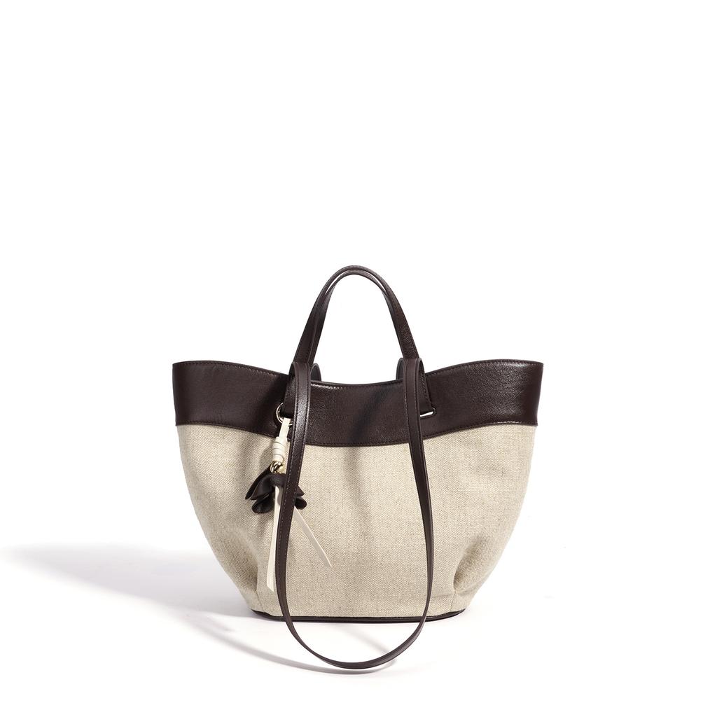 Bag Women's Contrast Color Retro Soft Leather Linen Large Capacity Tote Bag Portable Shoulder Underarm Bag