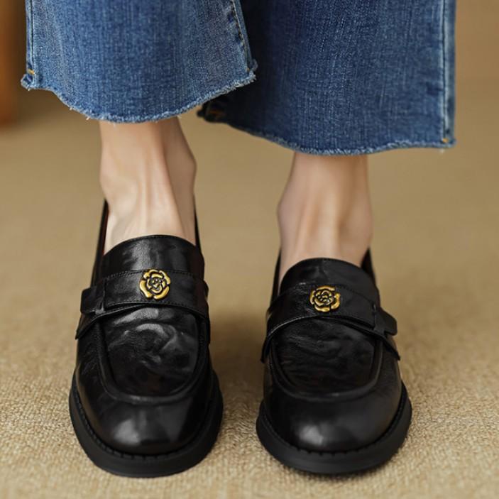 Cowhide Version~ Camellia Platform Loafers Women's Black Round Head Single Shoes Soft Sole One Pedal British Style Small Leather Shoes