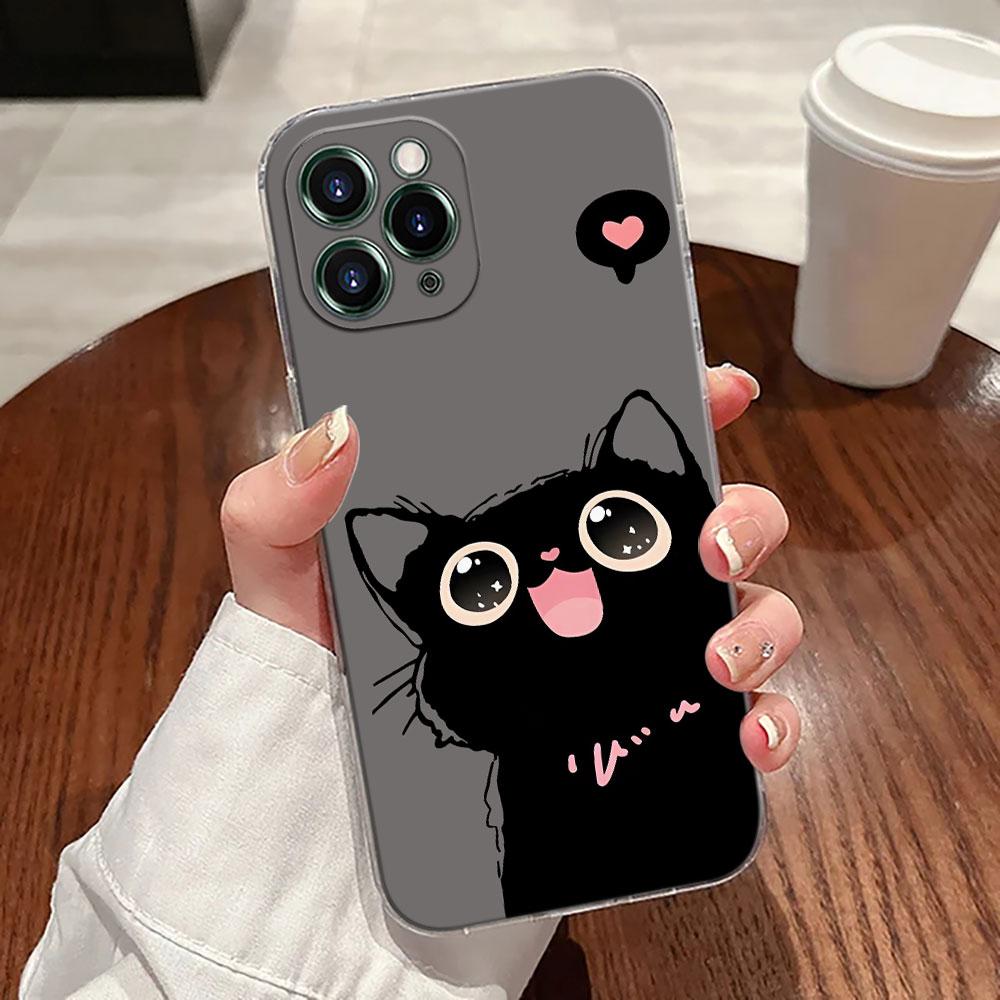 Cute Cat Hello Case For Apple iPhone 17 16 15 14 13 12 11 Pro Max 16 Plus 16E 17Air 17Pro Phone Cover Silicone Funda Black Cats