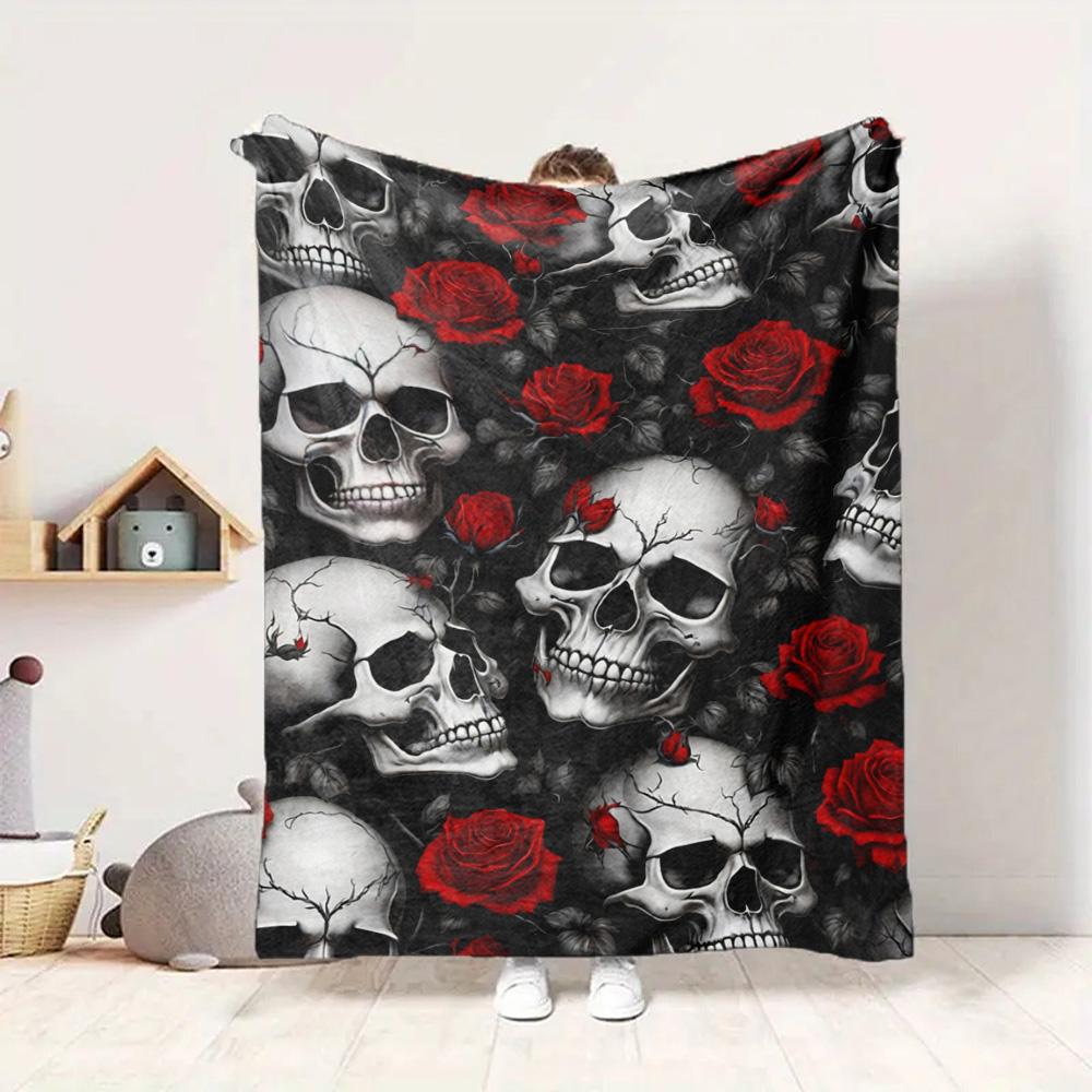 Skulls Roses Flannel Blanket Throw Blanket Soft Warm Sofa Bed Camping Car Home Decor Unique Christmas Gift C9301270