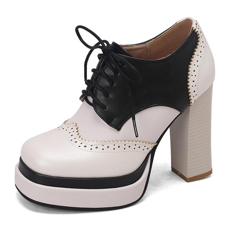 

ANNYMOLI Женские туфли-лодочки с круглым носком, на толстом высоком каблуке, со шнуровкой, на платформе, разноцветные, женская модная обувь, весна-осень, коричневый цвет 43 33 белый