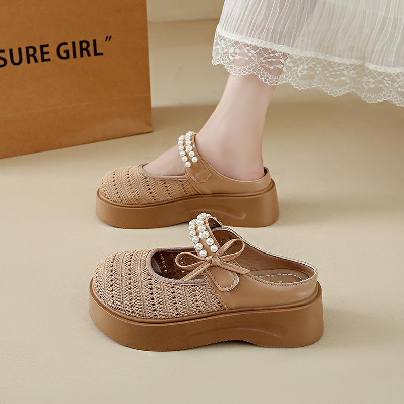 

Bow thick-soled Mary Jane sandals women s summer new hollow breathable bag head half slippers 40 хаки