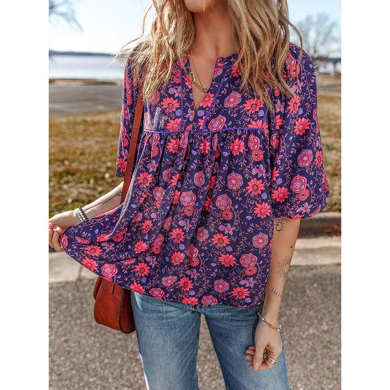 American Shiying Spring New Arrival Florals V Neck Chiffon Shirt Women 2025 Fashion Fashion Colorblock Half Sleeve Tops