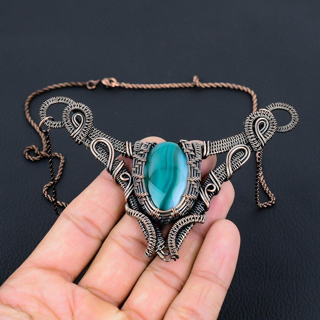 Blue Botswana Agate Gemstone Pure Copper Wire Wrapped Handmade Necklace Jewelry