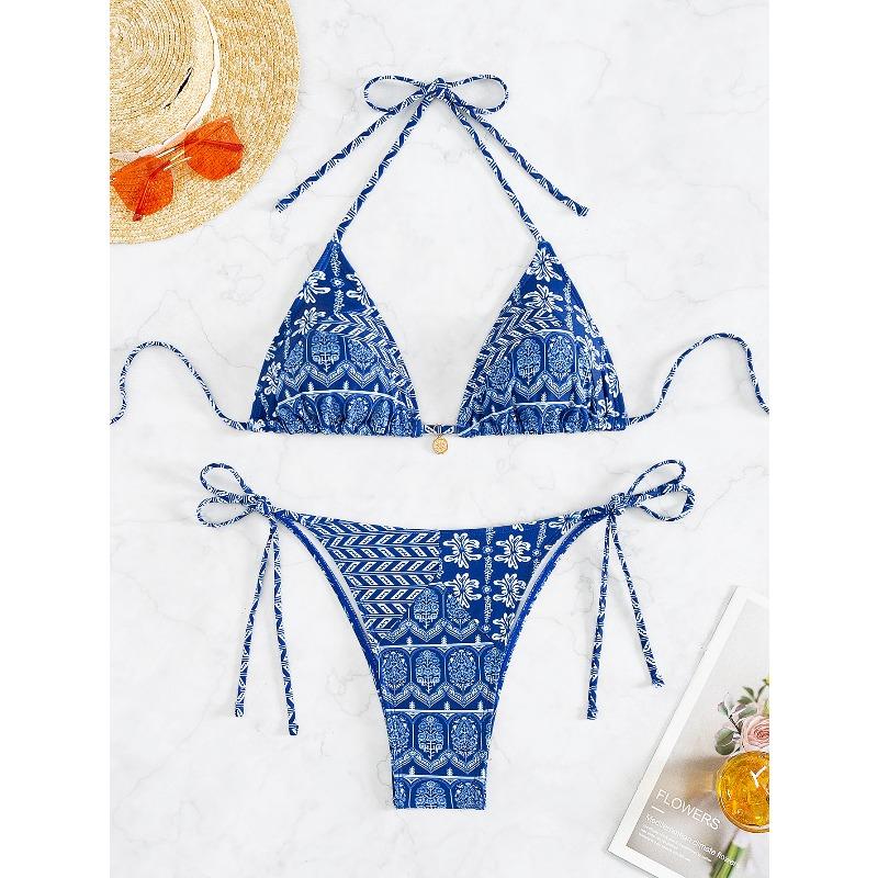 Women's Sexy Slim Fit Bikini Set, Tropical Print Halter Lace-up Triangle Swimsuit