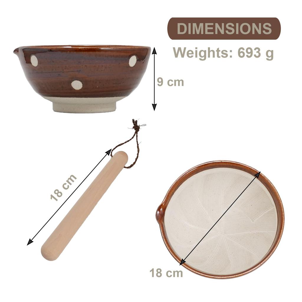 Fukubeya Retro and Cute Polka Dot Sesame 18cm with Pestle Rustic Ceramic Design That Blends In with Your Kitchen Polka Mortar, Diameter, - (Ame-Tea