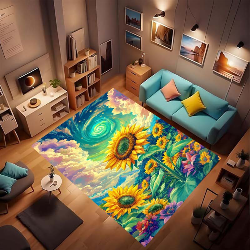Customizable sunflower pattern non-slip rug, soft flannel, washable, non-slip backing, suitable for living rooms, bedrooms, bath
