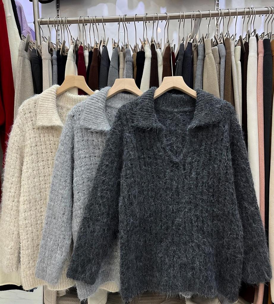 Korean Style Casual Slimming Long Sleeve Polo Pullover Sweater Coat 2026