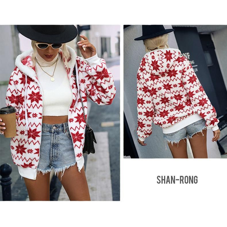 GMXIA Autumn Winter Women's Loose Hooded Zipper Cardigan with Woolen Print Christmas Style Coat for Women