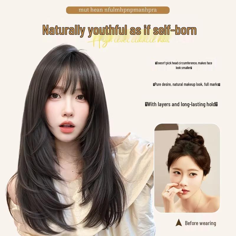 Damen-Vollperücke, Realistischer nahtloser unsichtbarer Ansatz, Fein geschnittenes hochgestuftes voluminöses langes glattes Haar