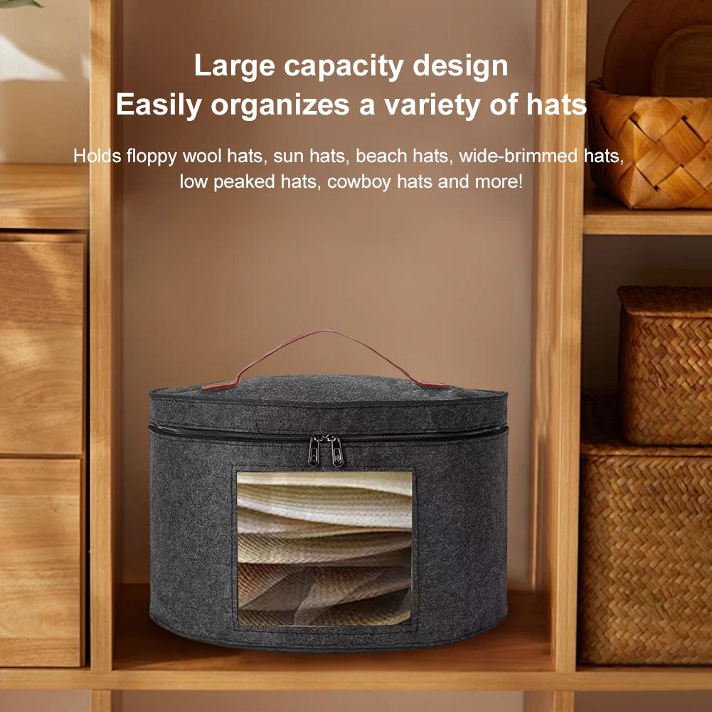 Hat Clothes Storage Bin -Handle & Shoulder Strap Round Cowboy Hat Box Foldable Hat Organizer Bag for Travel and Closet Storage