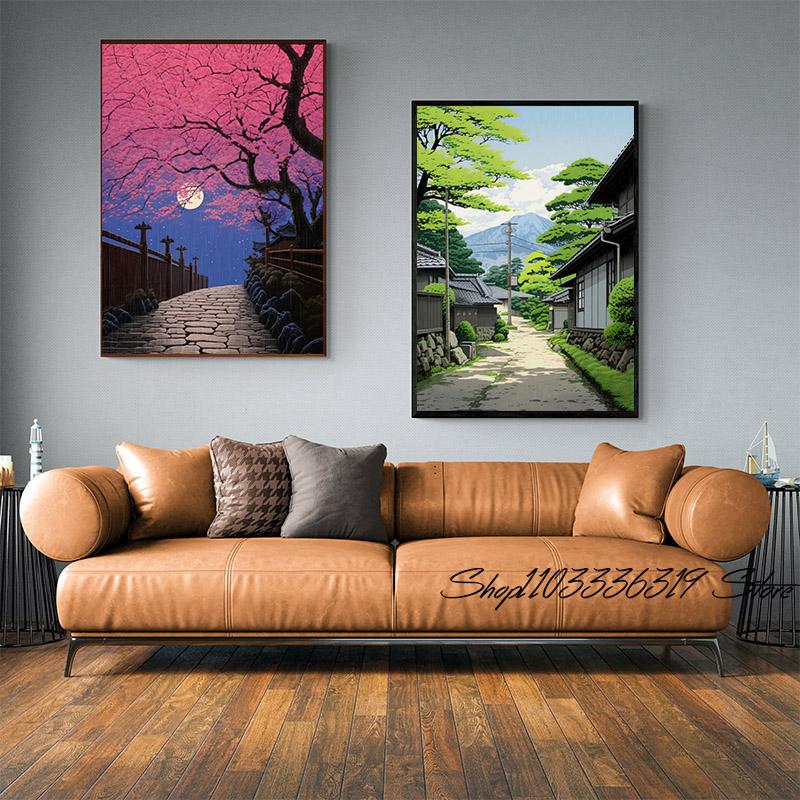 Japanese Style Forest Cherry Blossoms Snow Cat Landscape Art Poster Canvas Painting Wall Prints Picture Living Room Home Decor