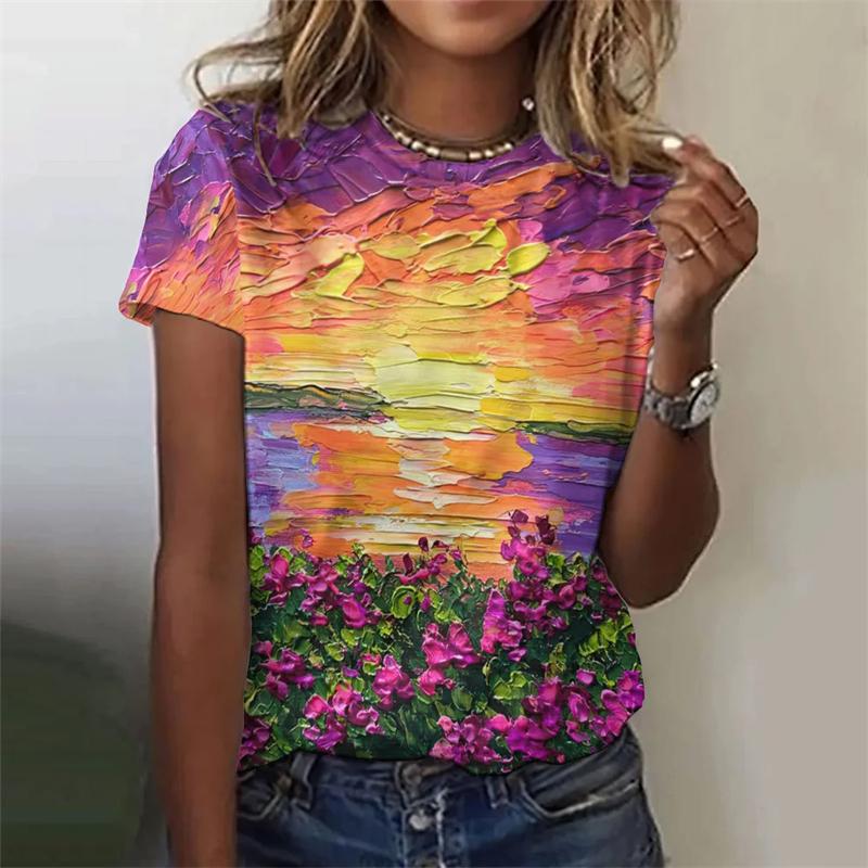 2024 Mode Oljemålning T-shirts Mode Blommigt Tema T-shirt Blommiga Växter T-shirts Sommarkläder Basic Oversized Damtoppar
