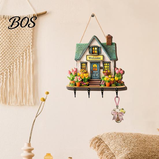 Durable Key Hook Wooden Fairy House Hanging Sign, Cottage Holder Wall Decor with 4 Entryway Storage Hooks, Vintage Flower Rack for Hallway Kitchen