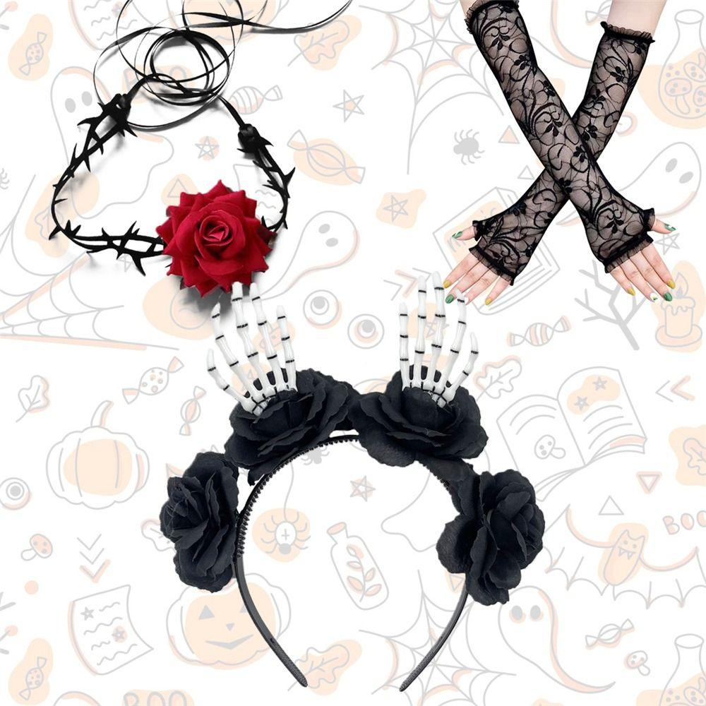 Day of The Dead Headpiece Halloween Costume Accessories Novelty Horror Gloves Set for Women