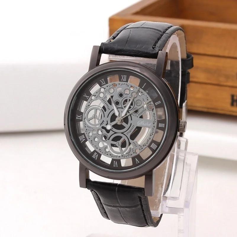 Módní Business Skeleton Hodinky Pánské Gravírování Duté Reloj Hombre Společenské Křemenné Náramkové Hodinky Kožený Řemínek Dámské Hodinky